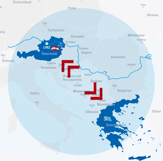 Landkarte die vereinfacht die Route Österreich-Griechenland darstellt
